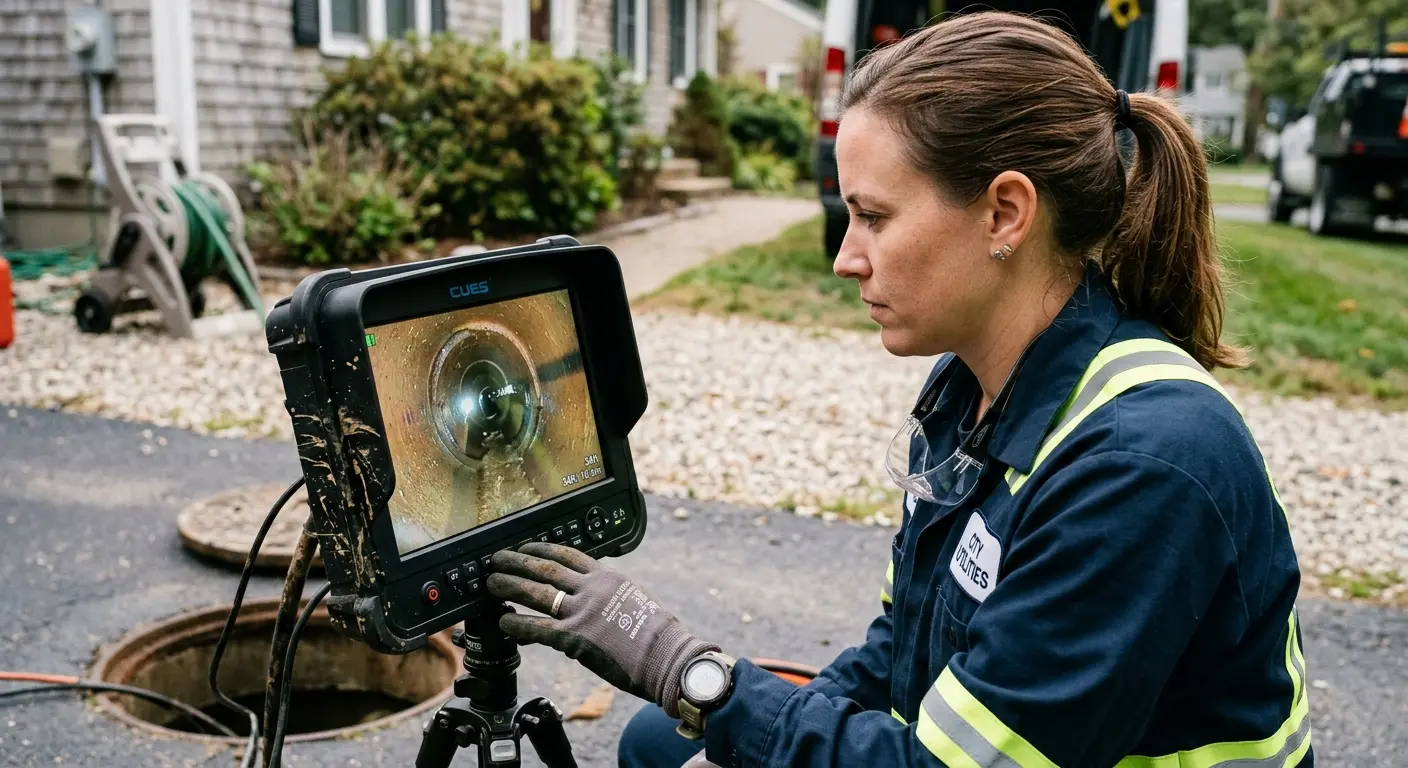 Technician reviewing sewer camera inspection footage in Lyman