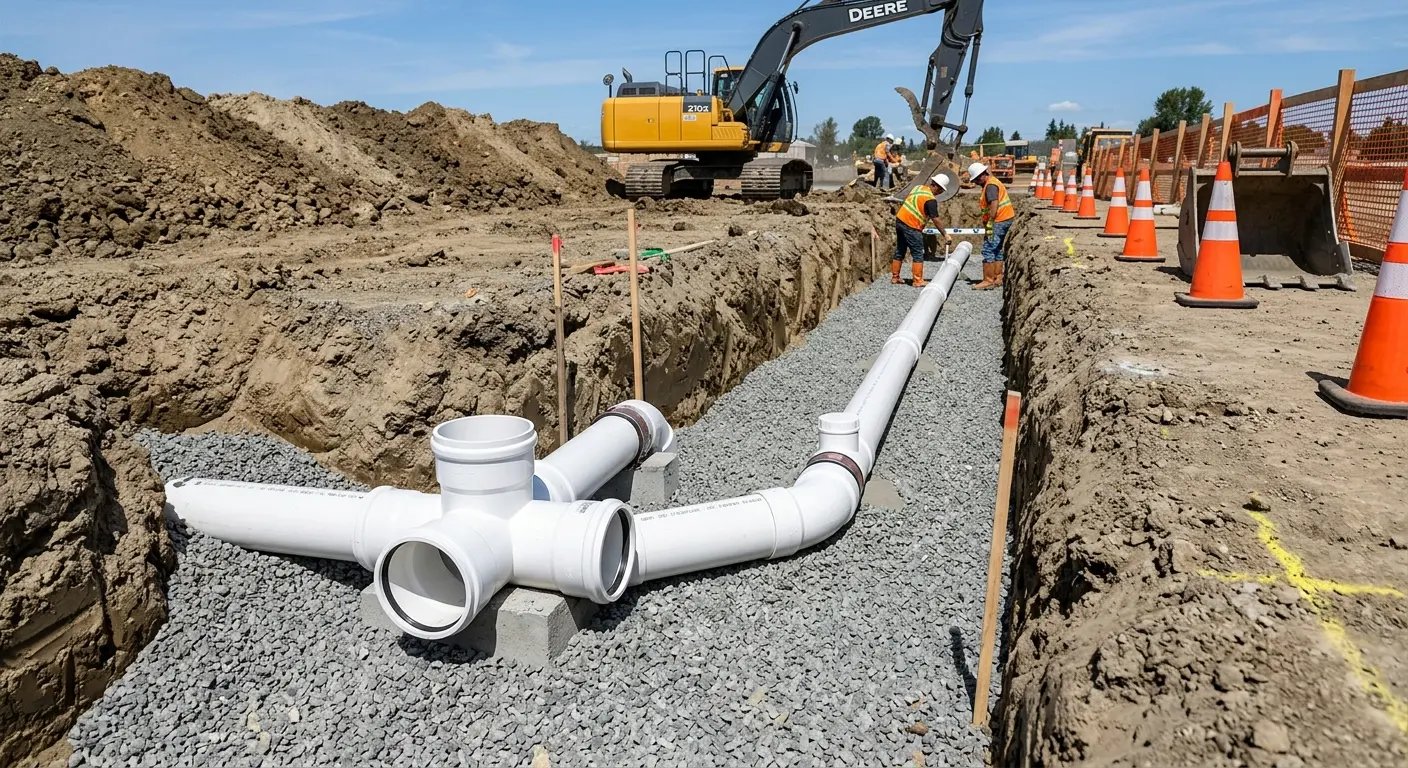 New PVC sewer pipe installation in open trench for Grease Trap Cleaning in Lyman