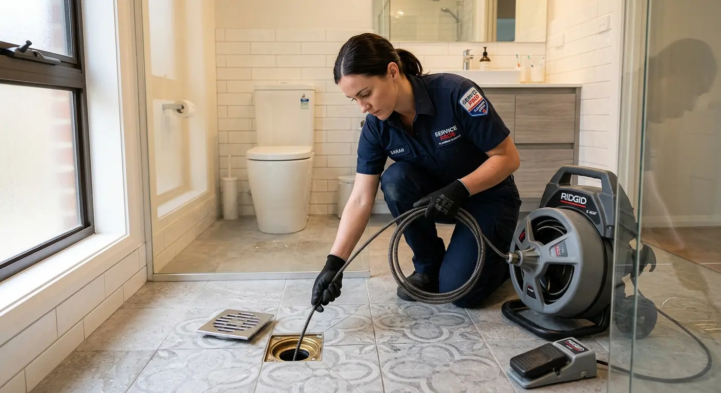 Technician clearing a bathroom floor drain for Hydro Jetting in Lyman